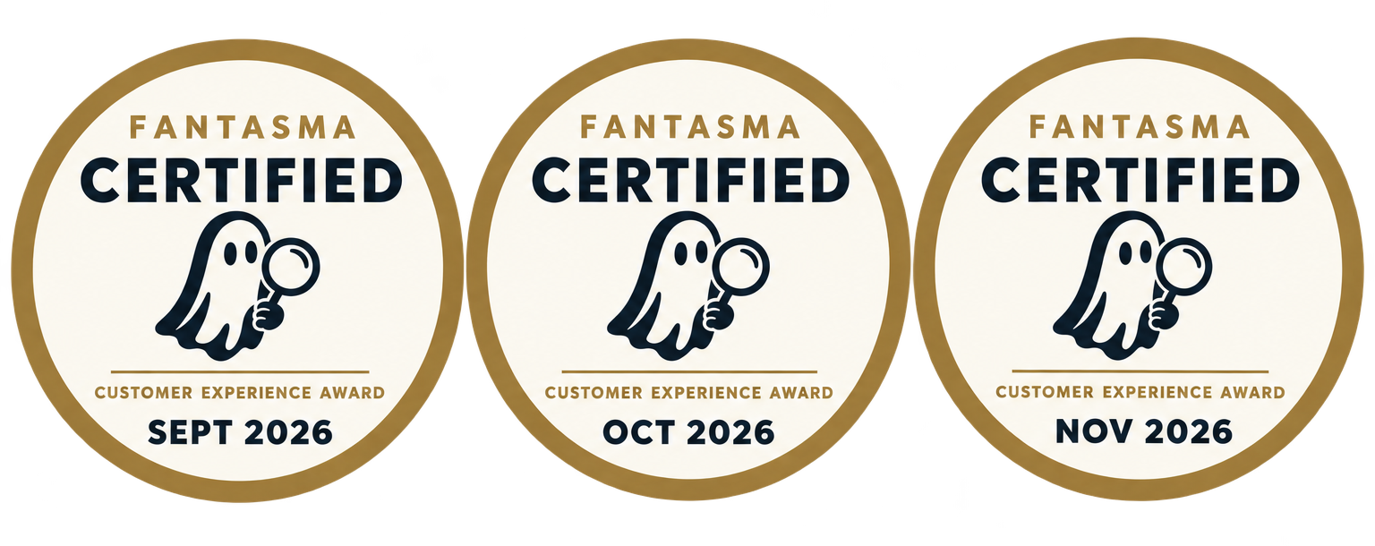 Fantasma Certified Customer Experience Award badges for September, October and November 2026